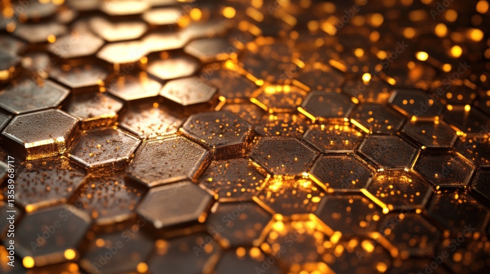 Poster abstract hexagonal pattern with golden accents illuminating a mesmerizing network of interconnected 
