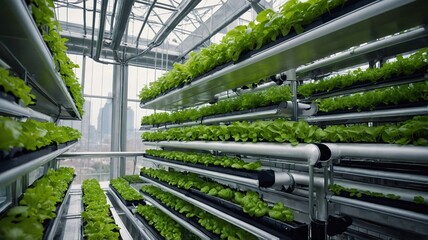 A vibrant indoor hydroponic farm showcasing rows of fresh green lettuce growing in a high-tech environment.