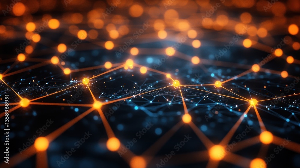 Poster futuristic network visualization with glowing nodes and connecting lines symbolizing data flow and a