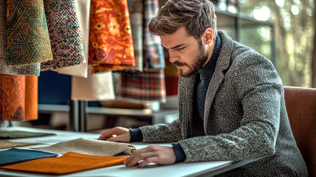 focused male designer examines various fabric swatches in modern workspace, surrounded by colorful textiles. atmosphere is creative and inspiring, showcasing blend of textures and colors - Powered by Adobe