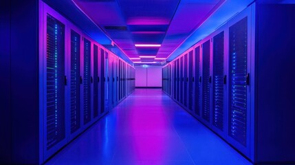 Fototapeta premium Hallway lined with servers illuminated by pink and blue neon lighting. Use this for digital infrastructure, IT solutions, or data center concepts.