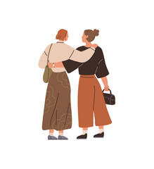 Two women walk arm in arm, one holding a small bag. Both are dressed in loose, stylish clothes. Ideal for themes such as friendship, companionship, casual outings, fashion, and togetherness