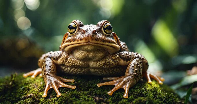 Cane toad, large frog. Portrait view of a big amphibian in its natural habitat. Animal in the tropical forest. Wildlife depiction from nature.
