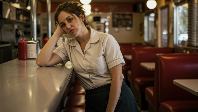 Young adult Caucasian woman waitress rests at diner counter, Melancholy mood in warm lighting, Restaurant booths shown, suggesting hospitality and service industry atmosphere,