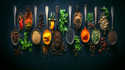 Various Asian spices in spoons on black background. Top view.
