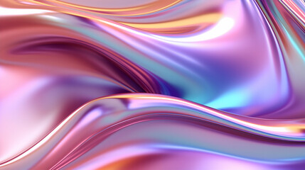 Fototapeta premium Dreamlike iridescent silk flowing in gentle waves, showcasing a mesmerizing blend of pink, purple, and blue hues.