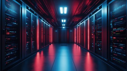 Fototapeta premium A long corridor is full of server racks with red and blue lights. Use this for tech, data, or security concepts on websites or in articles.
