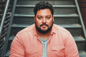 Obraz premium Body positivity confidence and inspiration, A man with dark, curly hair and a beard sits on stairs, wearing a light gray t-shirt and a pink button-up shirt, exuding a thoughtful demeanor.