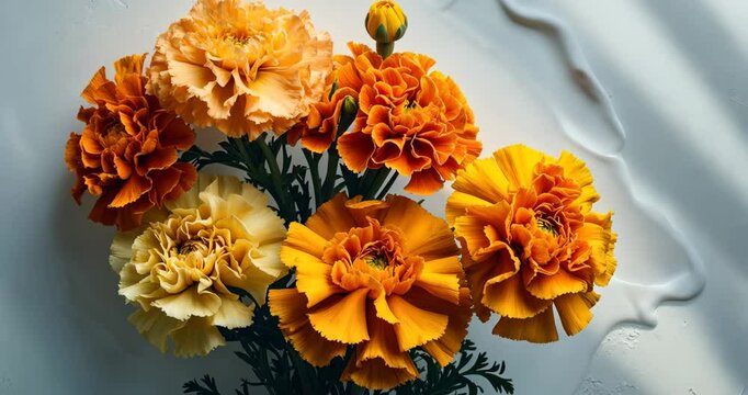 Vibrant marigold flowers set against a white backdrop.