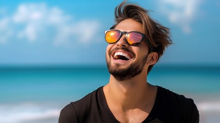 Man with a beard and sunglasses is smiling and laughing. He is wearing a black shirt and sunglasses