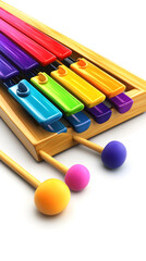Bright and Colorful Xylophone with Mallets Ready for a Musical Journey on a Simple White Background