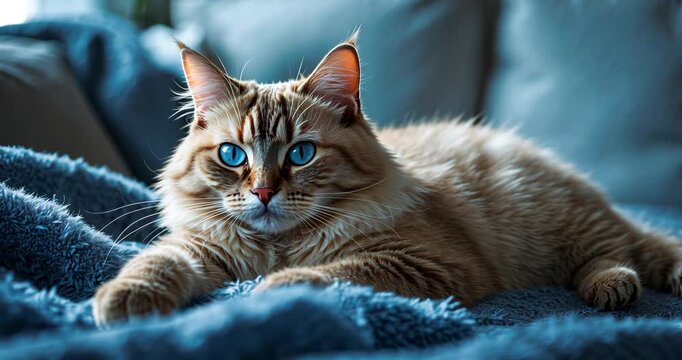 Adorable Birman cat with striking blue eyes relaxes on a snug blue rug. An ideal combination of comfort and elegance for cat enthusiasts and home decoration.