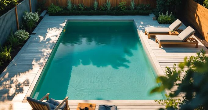 Inviting and bright swimming pool featuring a wooden deck, comfortable sun loungers, and abundant greenery that creates a peaceful outdoor retreat.