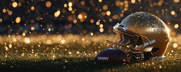Golden football helmet and ball on grass at sunset