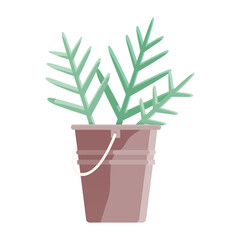 A simple image of a green plant with thin, jagged leaves placed inside a brown metal bucket. Ideal for gardening, nature themes, eco-friendly designs, minimalist d cor, and organic lifestyle. Flat