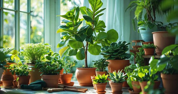 Care of home ornamental plants, Fiddle-leaf Fig tree and others.
