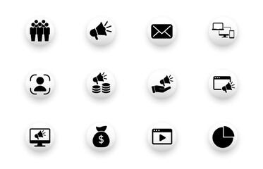 Solid vector icon set with digital marketing, advertising, targeting, social media icons. Web design icons.