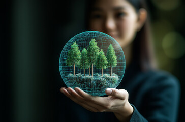 Corporate Sustainability Reporting Directive (CSRD) Concept, Womans Hands Holding a Digital Globe with Trees Representing Environmental Conservation and