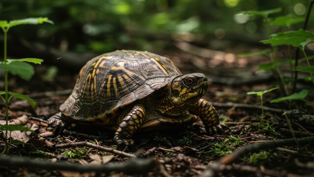A Eastern Box Turtle sits amongst forest floor, a mossy ground with twig debris and foliage, Focus on wildlife, nature, conservation, and the environment,