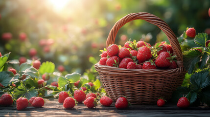 Strawberries in a wicker basket on a wooden background.