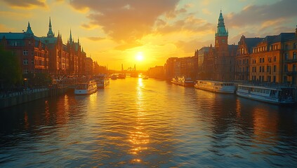 Fototapeta premium Sunset Over a Serene River with Historic Buildings and Towers