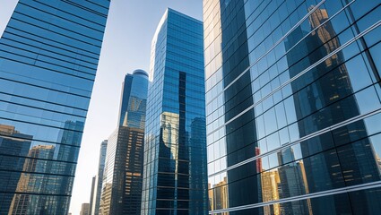 Obraz premium Modern office building in New York City skyline with skyscrapers and glass reflections