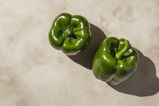 Two fresh green bell peppers are resting on a surface - Powered by Adobe