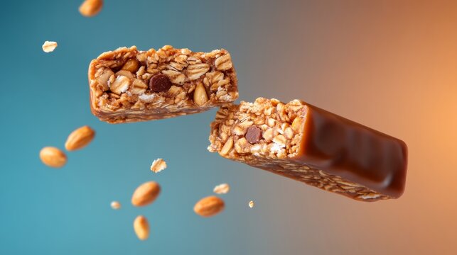 Close up of a bar of chocolate with nuts and raisins. The bar is cut in half, revealing the nuts and raisins inside. The image has a playful and lighthearted mood