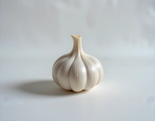 A single, perfectly shaped garlic bulb with smooth, unblemished skin, placed on a clean, white background