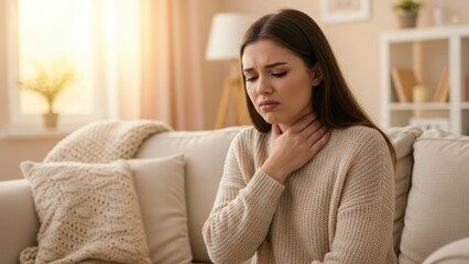 Caucasian young adult woman sits on couch in a living room, holding her sore throat, Soft, natural lighting, Feeling unwell, health and wellness, cold and flu season,