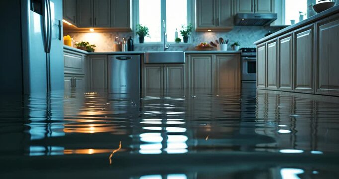 Close-up image of a flooded kitchen floor caused by a leak.