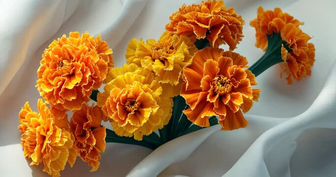 VIBRANT MARIGOLD FLOWERS SEPARATED ON A WHITE BACKDROP.