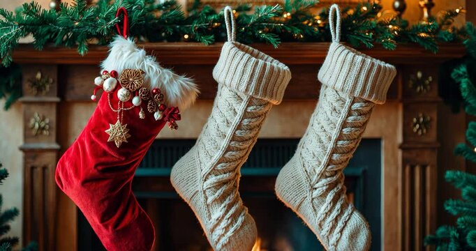 Christmas stockings positioned near the fireplace at home.