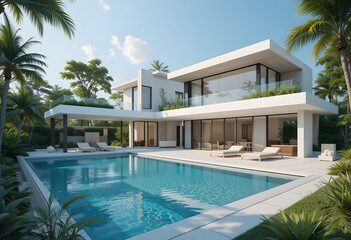 Fototapeta premium Luxury Glass Modern Home With Pool