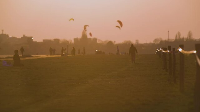 Tempelhof airfield Berlin sunset 4K blurred kites