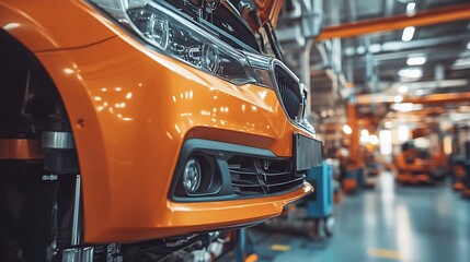 Fototapeta premium Orange car undergoing assembly in factory.