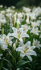 Fototapeta premium beautiful white lily flowers blooming in a lush green spring garden