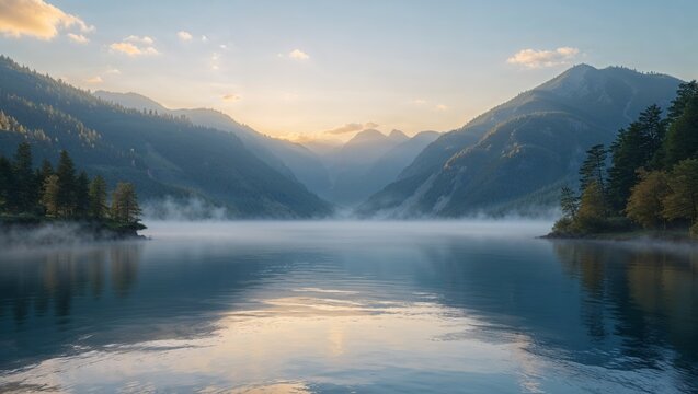 Morning reflection of snow-capped mountains on a blue lake in a scenic Alaskan landscape - Powered by Adobe
