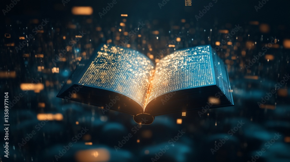 Poster digital knowledge: open book with glowing symbols and data flow in the background