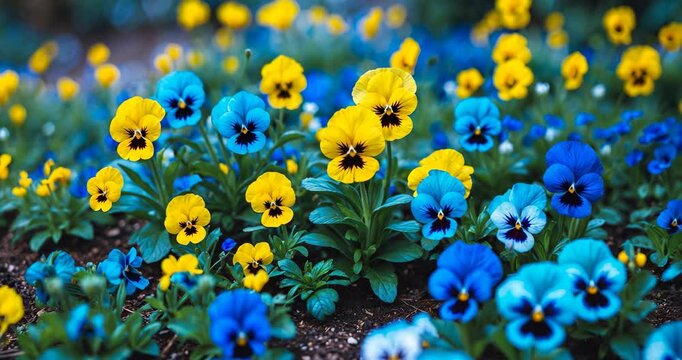 Vibrant yellow and blue pansies flourishing in a garden. Little yellow and blue blossoms. Close-up of blooming Viola cornuta flowers, floral wallpaper backdrop featuring bright yellow pansies.