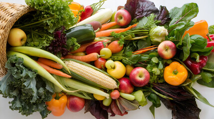 An assortment of colorful fruits and vegetables is spilling out of a woven basket, showcasing a vibrant selection of healthy food, including greens, carrots, and apples.