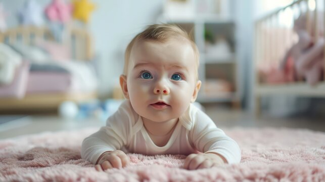 zoom-out photography of an baby lying on the side in modern children room looking at camera