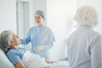 Obraz premium Nurse caring for elderly patient in hospital room 