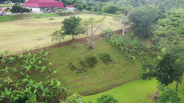 'UPR' written in the grass, it is the shortcut of University of Puerto Rico surrounded by greenery