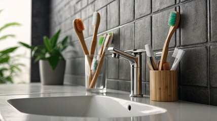A modern bathroom sink scene featuring eco-friendly bamboo toothbrushes and plants, creating a fresh and clean atmosphere.