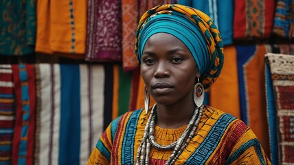 Obraz premium A young Black woman in a colorful traditional outfit and headwrap, striking a confident pose against a vibrant textile backdrop.
