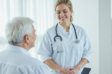 Smiling doctor interacting with senior patient in bright clinic  