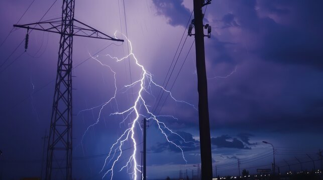A close-up shot of a lightning bolt striking a metal object, such as a lightning rod or radio tower, demonstrating the principle of electrical discharge.