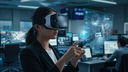 Asian businesswoman wearing VR headset touching futuristic interface in control room. Exploring data visualization, cybersecurity, and digital transformation through immersion.