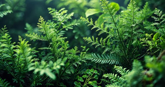 Close-up of Asparagus Densiflorus, fern species. Natural backdrop of tiny green foliage in the tropical garden. Ornamental and ground cover plants for beautifying the garden.